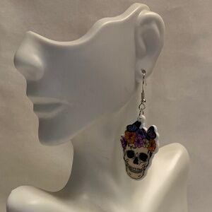 NWT! Pretty Skull Crowned with Flowers and Butterflies Dangle Earrings!